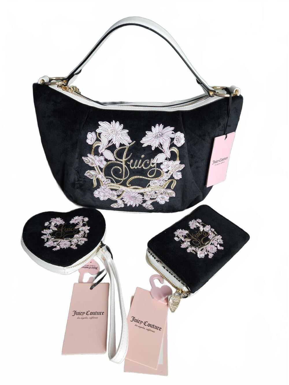 Juicy Couture In Bloom Hobo Black Pink & White Velour Matching Bag Set NWT